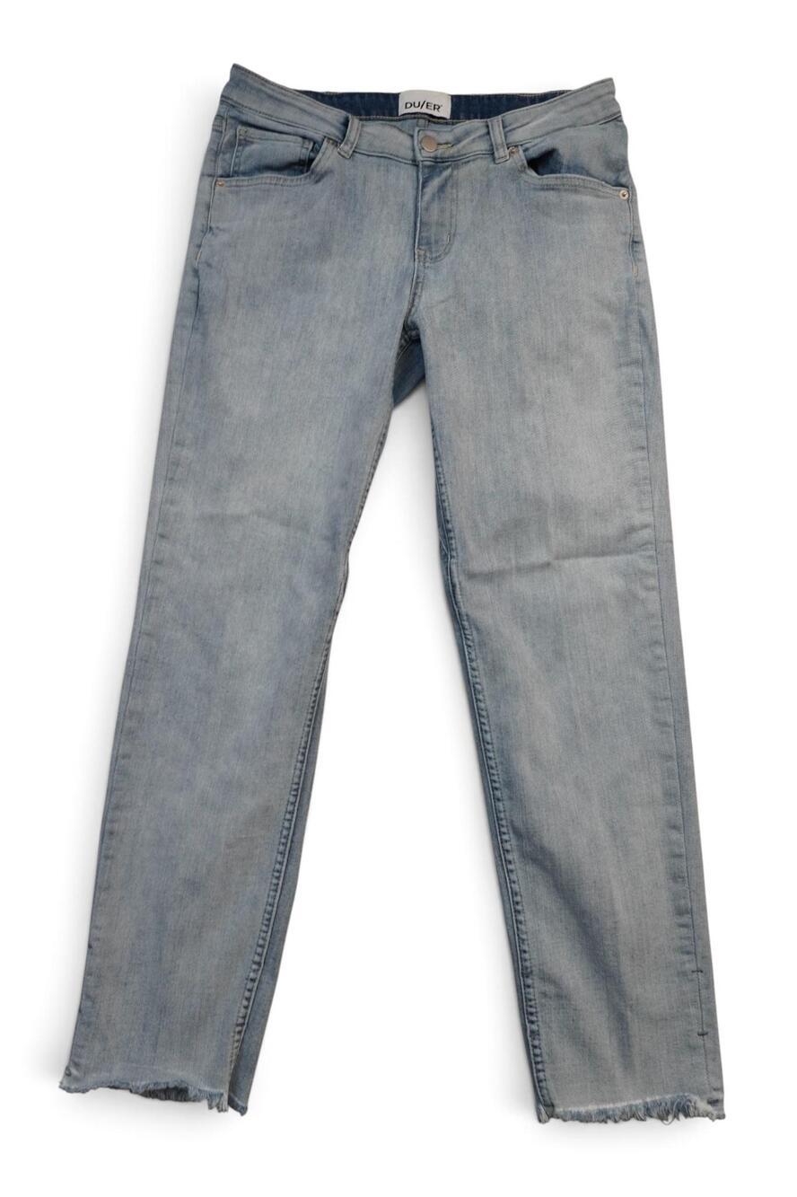 DUER Girlfriend Performance Denim Jeans Women's 32x28 Light Wash Cropped Raw Hem